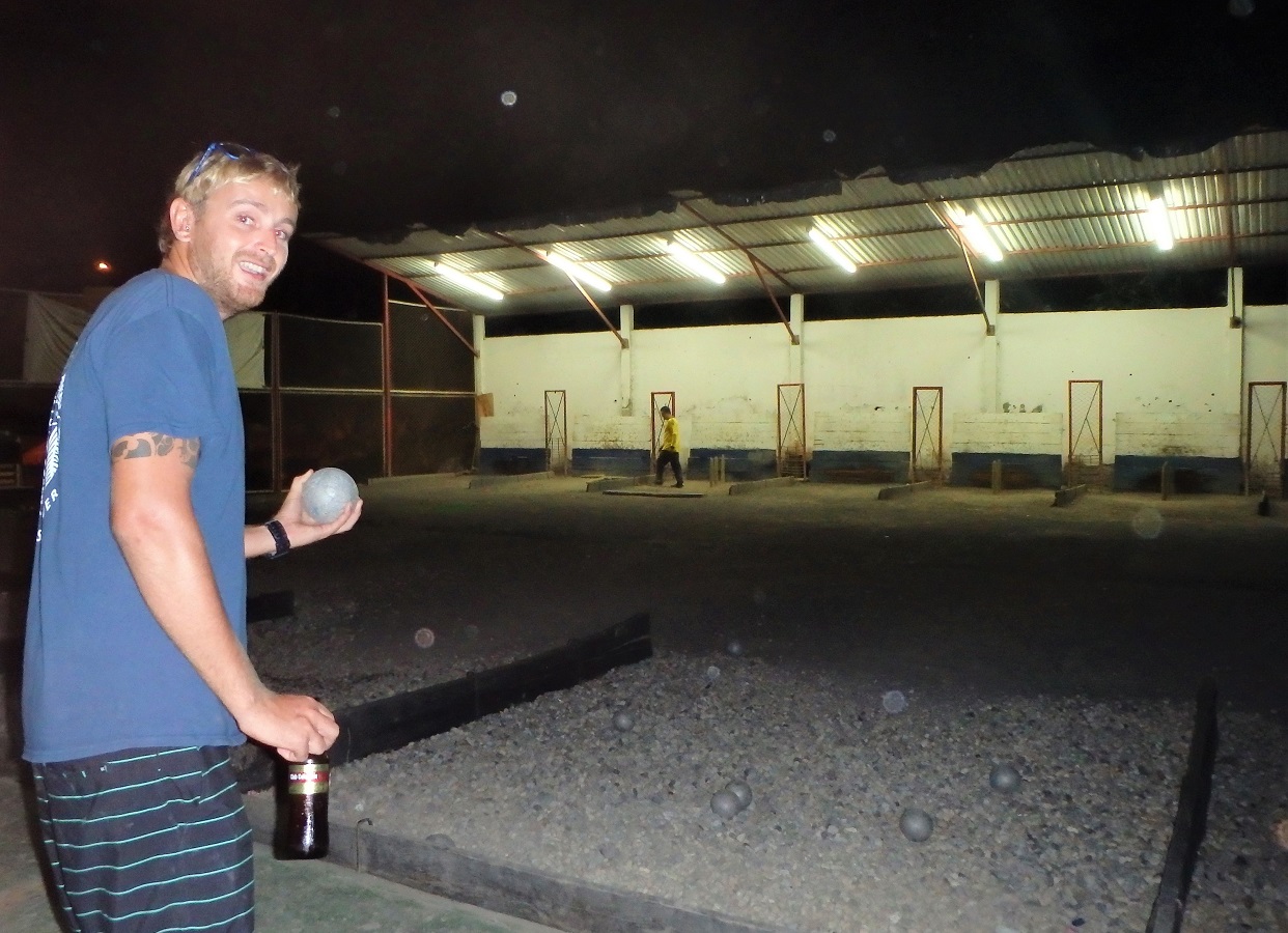 Rhys having a go at Colombian bowling