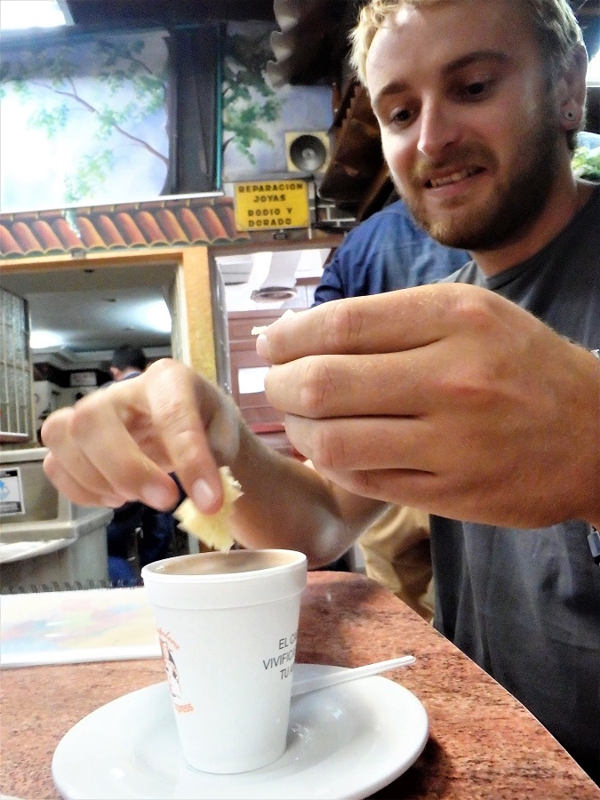 Rhys enjoying a hot chocolate and cheese