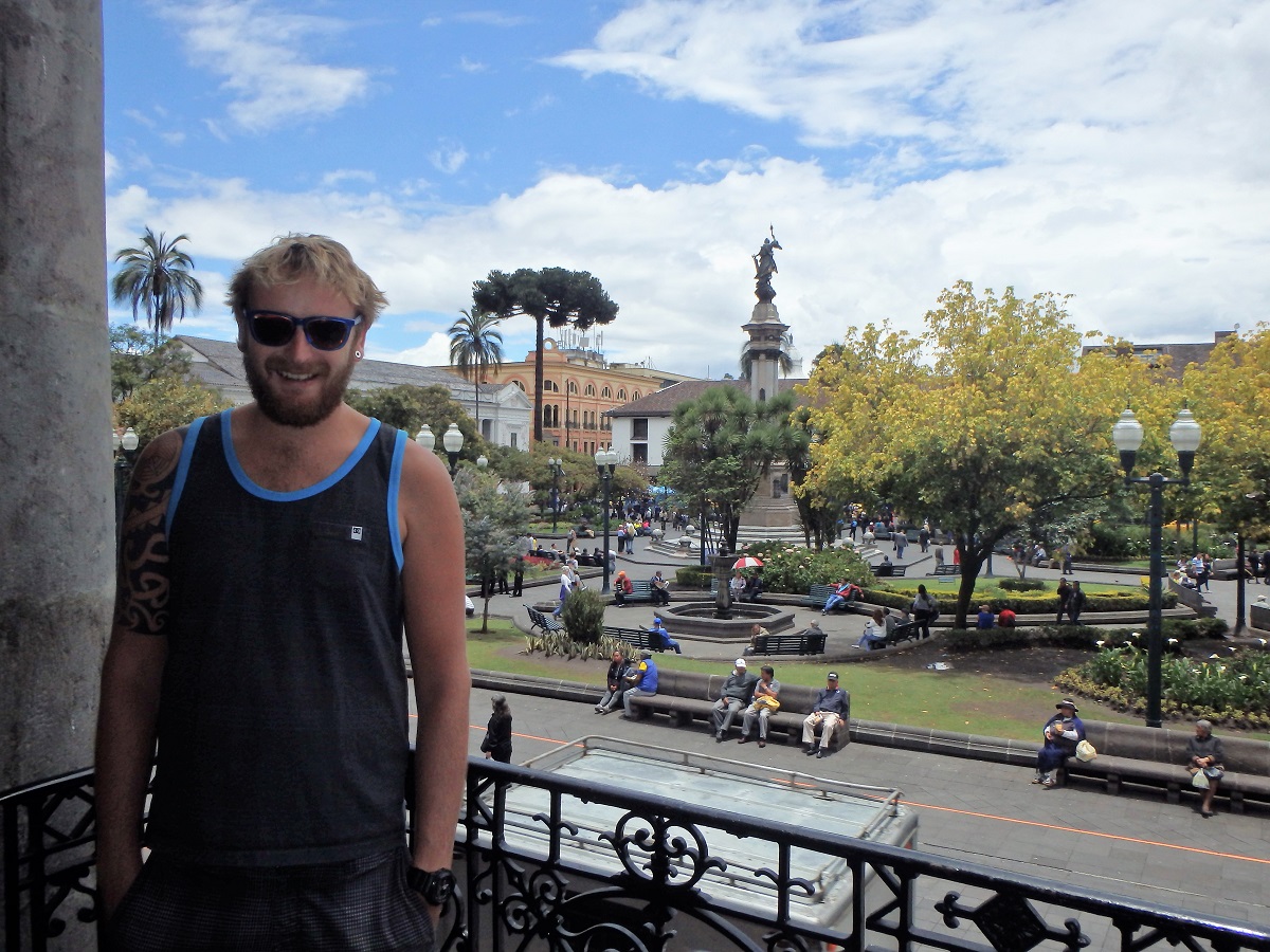 Rhys with the Plaza de la Independencia in the background