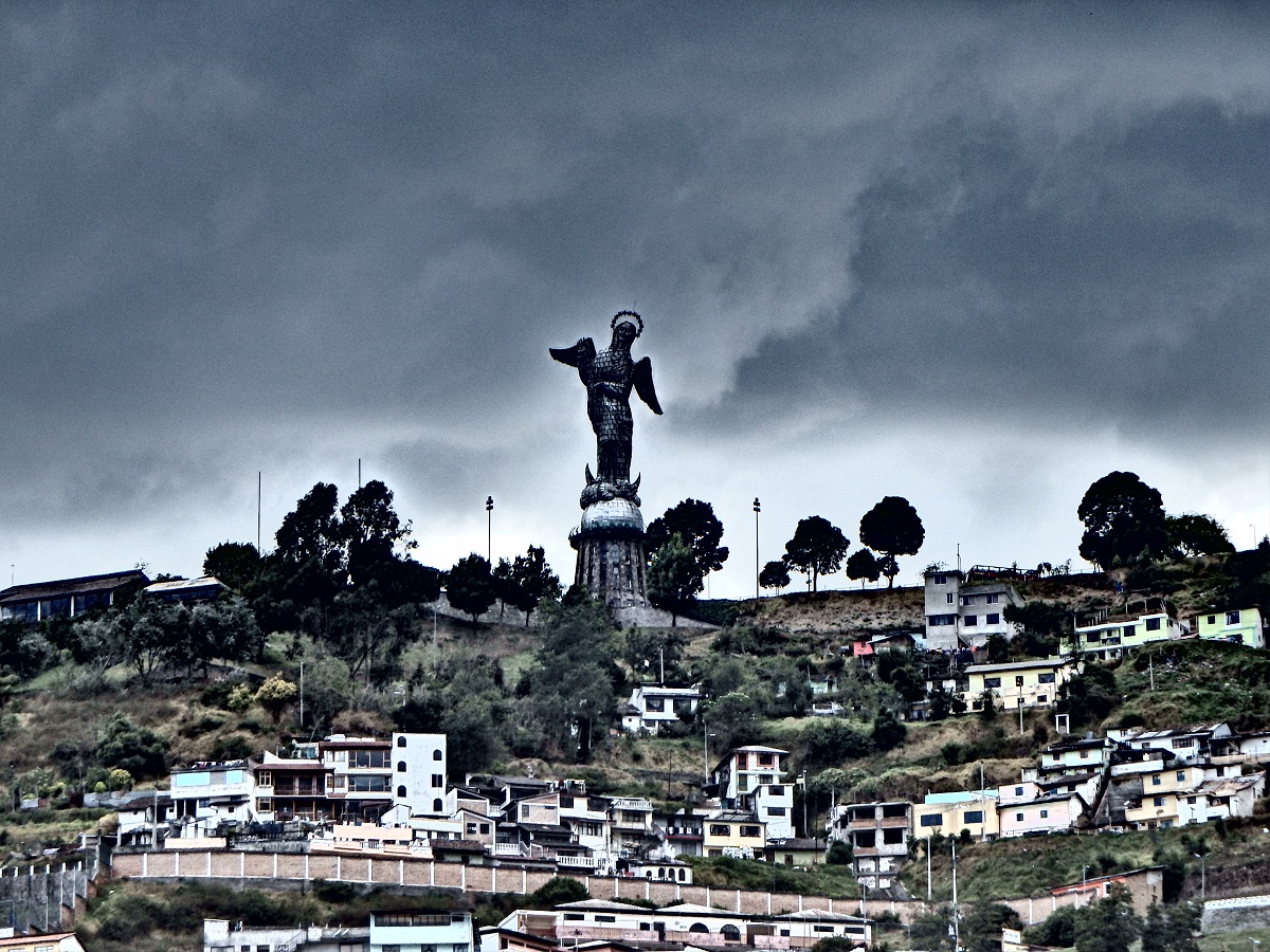 Looking up at the winged statue atop the hill