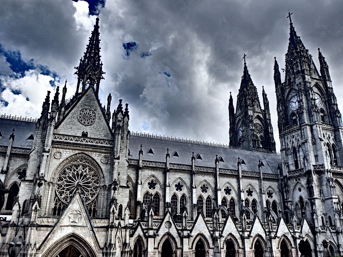 A photo taken from outside gazing up at the basilica