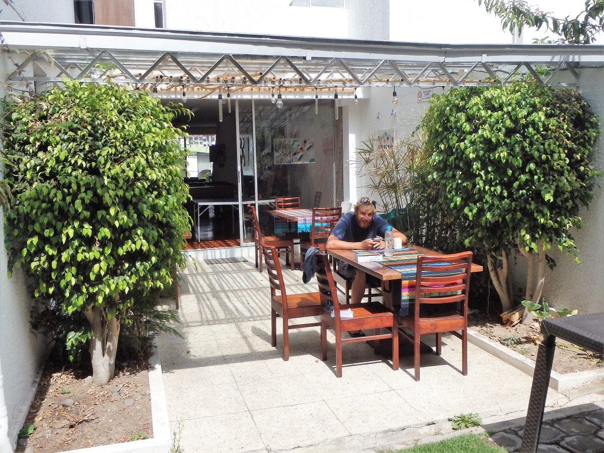 Rhys relaxing out on the terrace at our hostel in Quito