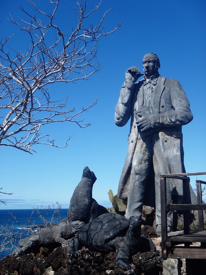 The statue of Charles Darwin alongside a sea lion, marine iguana and giant tortoise.