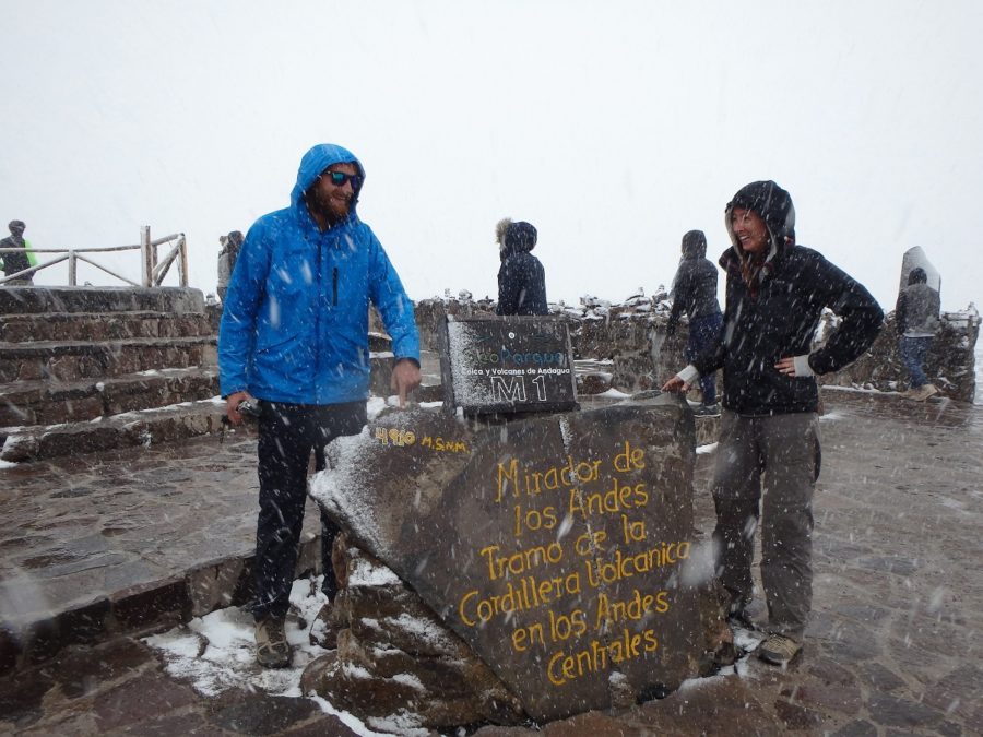 Rhys and I near the monument marking the high altitude with no viewpoint to be seen through the clouds