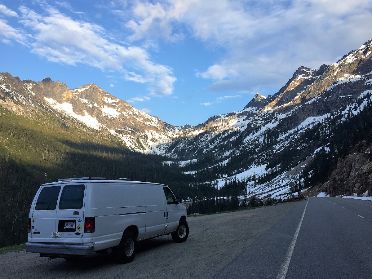 Our van parked within the mountains in Washington State