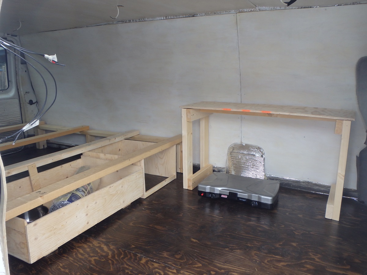 A snapshot of our bed frame, clothes drawer and kitchen cabinet in the works