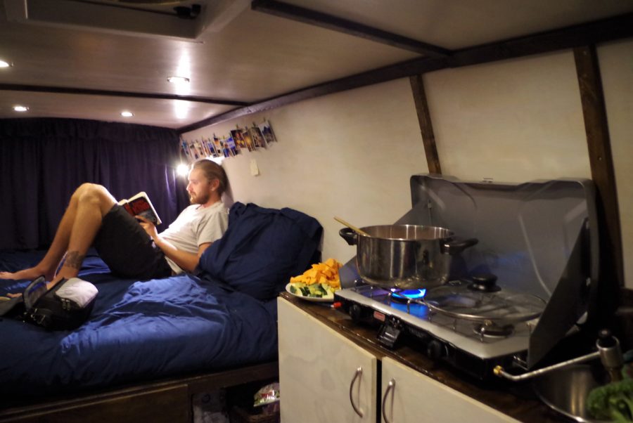 Portable gas stove, propane tank, chilli, indoor vanlife