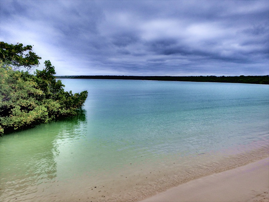 The calm waters beneath a cloudy sky