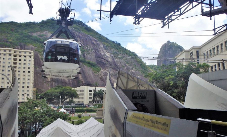 Riding the cable car up to Sugarloaf Mountain