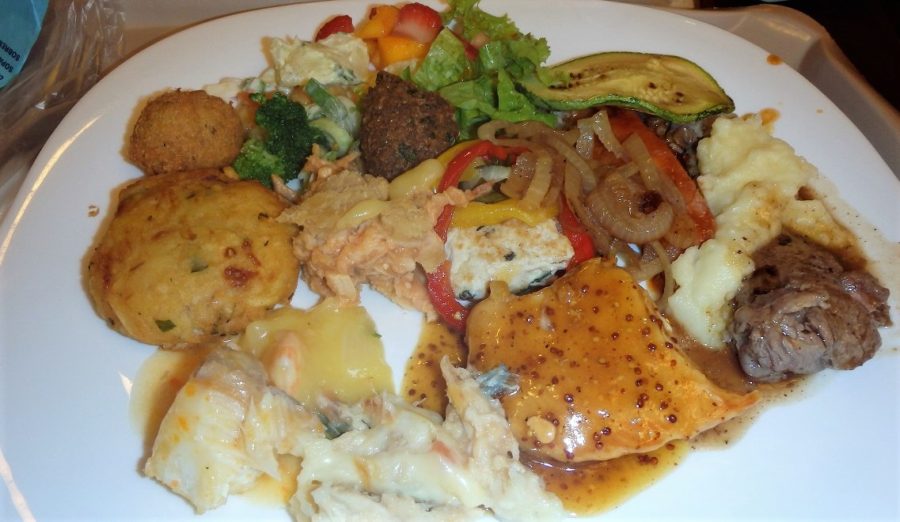 A large sample of food taken from the por kilo buffet while backpacking in Rio de Janeiro