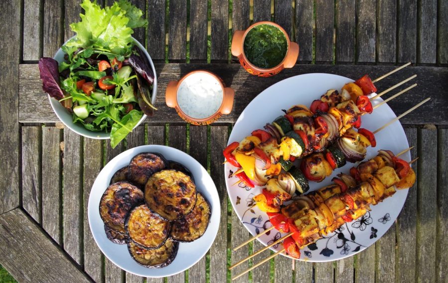 BBQ'd halloumi skewers with aubergine