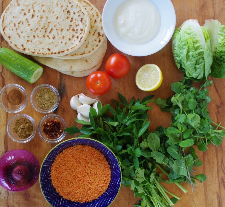 An image showing the ingredients for the vegan lentil koftas and tzatziki