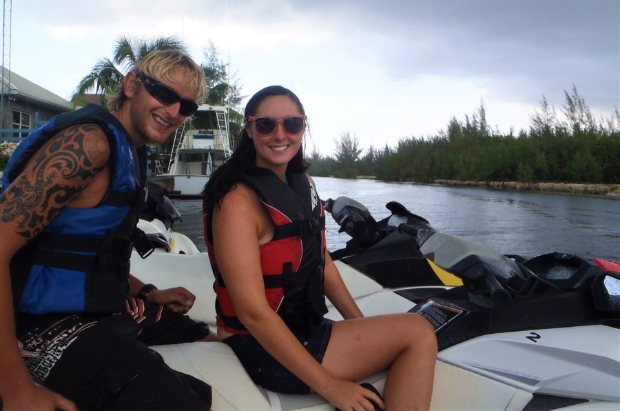 Rhys and I ready for a jet-ski safari within the North Sound lagoon