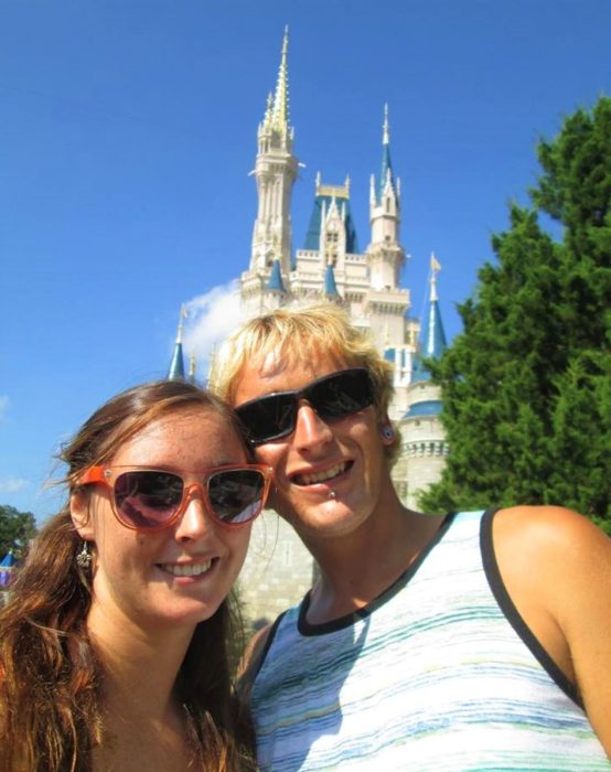 Obligatory selfie of Rhys and I beneath the Magic Kingdom castle