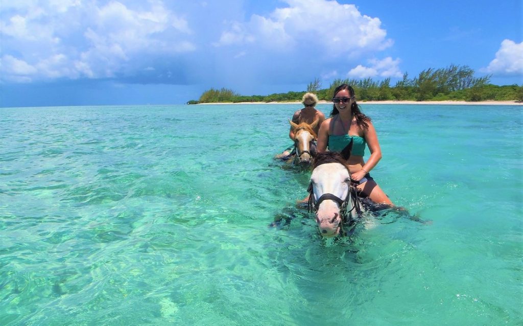 Rhys and I each on our own swimming horse in the sea